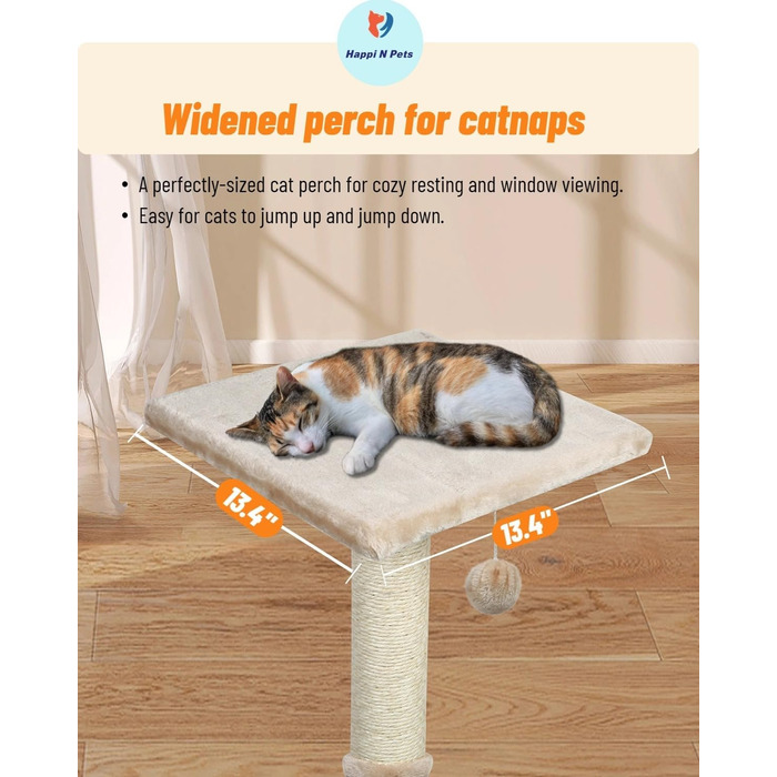 Дряпка для котів Happi N Pets, 66 см, з платформою, сизалевий котячий комплекс для дому, з підвісними м’ячиками та зручною лежанкою, бежевий