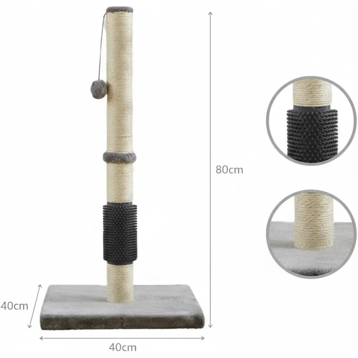 Кігтеточка LOS ANDES 80 см з інтегрованою щіткою для грумінгу, міцна кігтеточна колона з іграшкою-кулькою для котів, 80 см