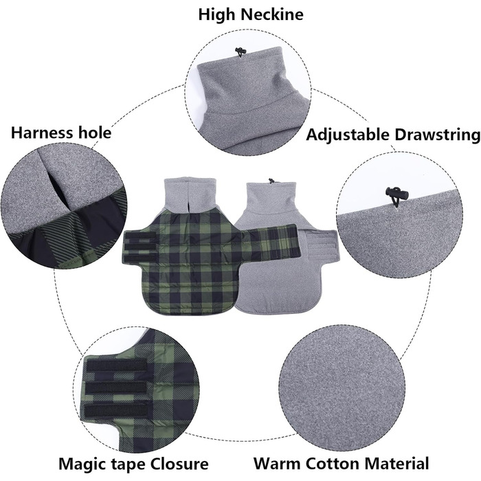 Зимовий теплий нашийник для собак Dachshund (Такса) від Geyecete, водонепроникний, з отвором для повідка, теплий пуловер для маленьких собак, червоно-зелений в клітинку (XS)