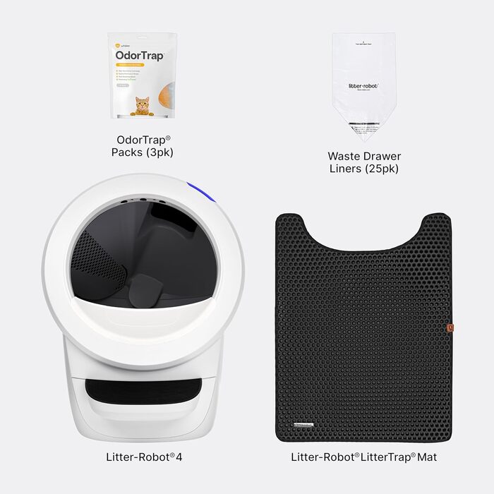 Автоматичний туалет для котів Litter-Robot 4 Whisker, білий, комплект для початківців: самоочищення, огорожа, килимок, 2 фільтри OdorTrap, 25 пакетів для відходів