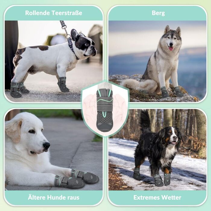 Шкарпетки для собак SlowTon - захист лап, 4 шт. - дихаючі, з антиковзкою підошвою, регульовані, світловідбиваючий кріплення. Підходять для собак маленьких, середніх та великих порід. Колір: сірий. Розмір 4: ширина 5.5 см