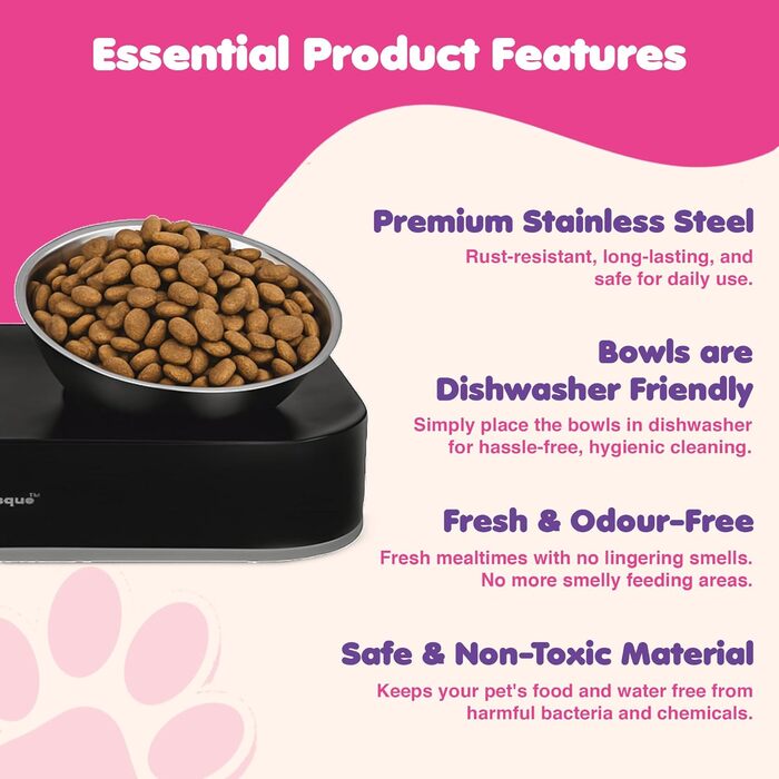 Набори годівниць для котів та собак з нержавіючої сталі Happinesque – підняті миски, антиковзаюча база, 2 шт. по 800 мл