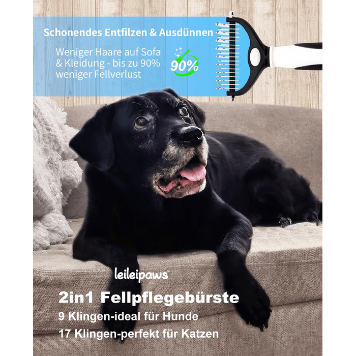 Щітка для собак та котів - двостороння щітка для видалення підшерстка та вичісування, 17/9 зубців, ручка Pinguin, для довгої та короткої шерсті, м'який догляд за шерстю та видалення підшерстка