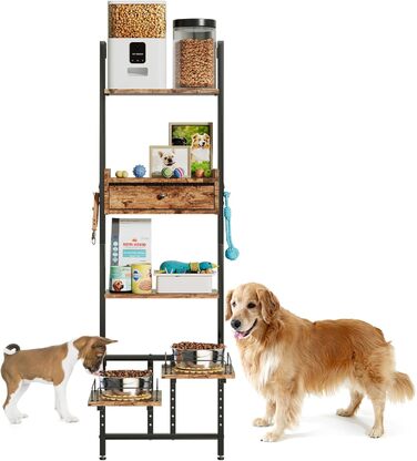 Підвищена годівниця для собак LitaiL з місцем для зберігання та двома антиковзними килимками, для великих собак, регульована висота, кріплення на стіну, колір вінтажний коричневий