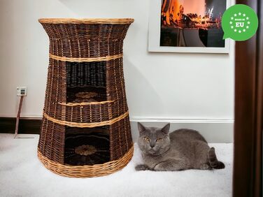 Корзина для котів, лежанка-будка, 43x49x70 см, з вербового пруття, трирівневе ліжко для собак та котів, знімні подушки кремового кольору, лакована корзина (без подушок)