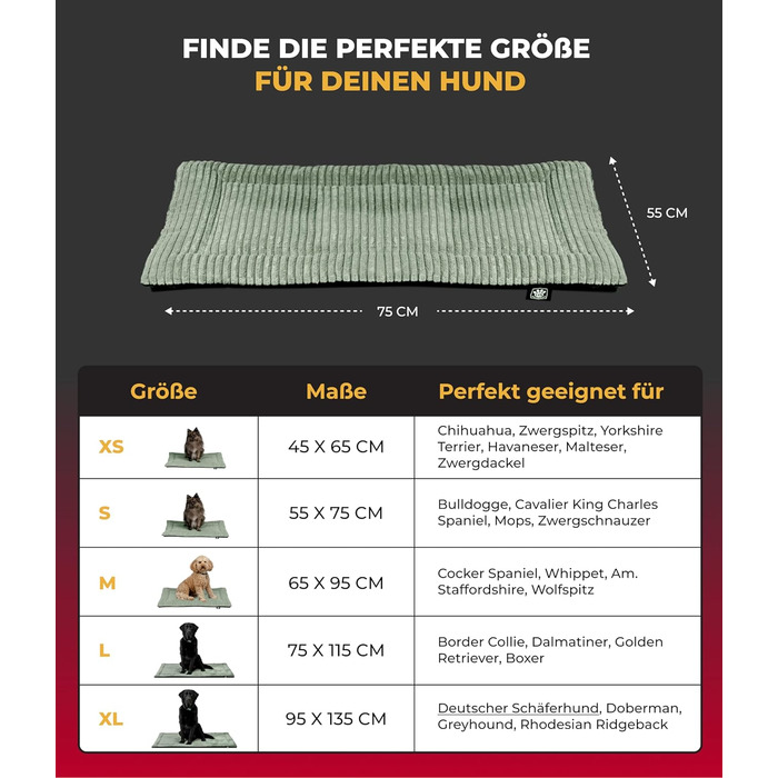 Килимок для собак HS-Hundebett® з підкладкою Cord, XS – антиковзаюча функція, м'яка ковдра для собак, затишне місце для відпочинку – виготовлено в Німеччині (зелений, 55x75 см)