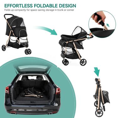 Візок для собак та котів YITAHOME 15 кг, 3 колеса, сітко-вікно, гальма, міцний, чорний