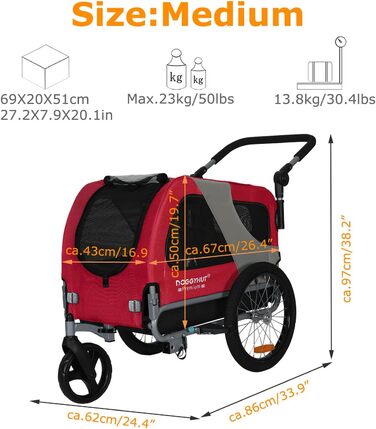DOGGYHUT® Преміум візок для собак 2-в-1: буксир та візок для собак до 23 кг (червоний)