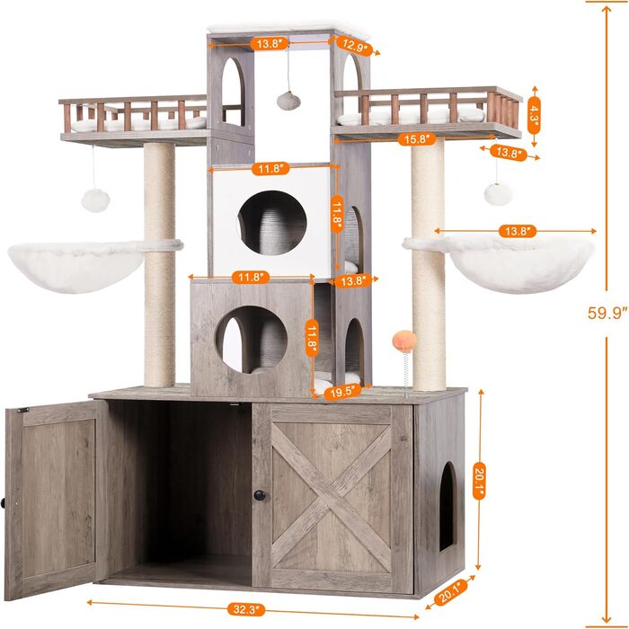Heybly HCT110SG Когтеточка з туалетом для котів, для великих котів до 9 кг, міцний сучасний котячий будинок з когтеточками, для дому, рустикальний сірий
