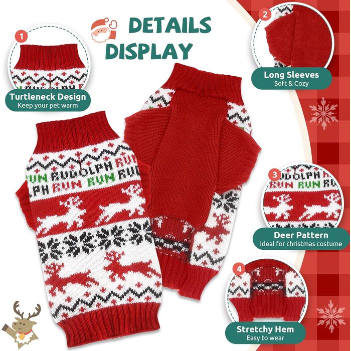 Святочний пуловер для собак, теплий, м'який, осінньо-зимовий, з високим коміром, в'язаний, для цуценят, милий олень, червоний, для собак, на Різдво, з короткими рукавами, (XX-Large, Червоний/Білий)