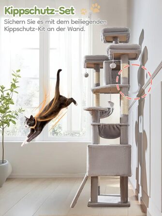 Кігтеточка Taoqimiao 193 см, велика, XXL, з будиночками, гамаком, кошиком та 7 стовпчиками для дряпання, MS047G, сірий колір