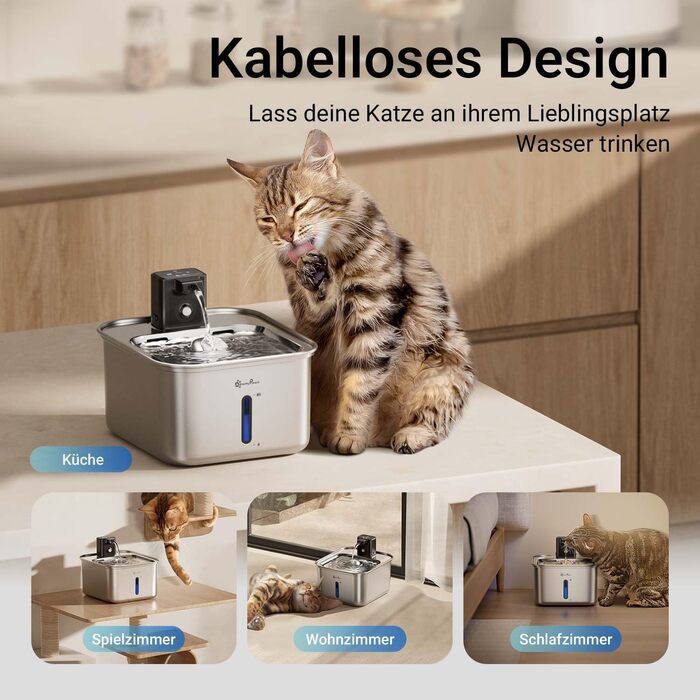 Ка fountain для котів DownyPaws: нержавіюча сталь, бездротовий, з датчиком руху, 3л, тихий, легкий у чищенні
