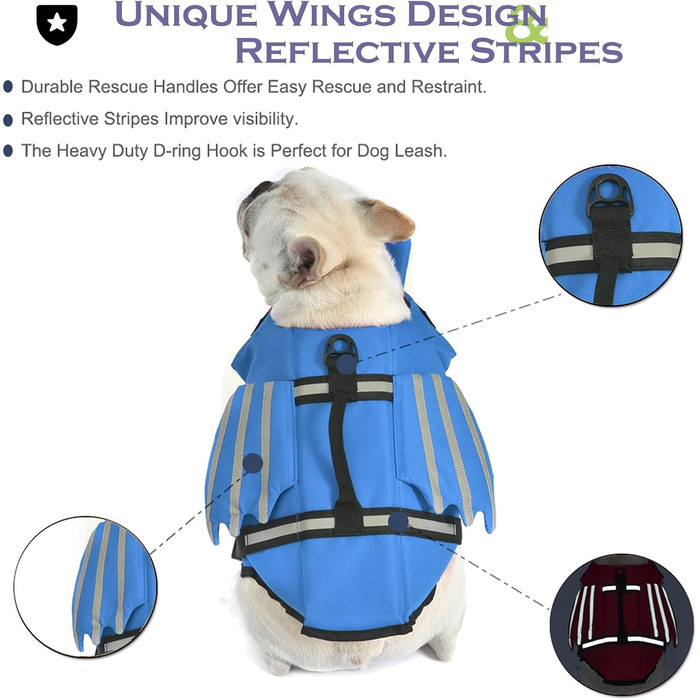 Жилет рятувальний для собак з плавками, жилет для плавання для собак з підборіддям, легкий та безпечний для водних видів спорту, жилет для собак з ручкою та світловідбиваючими елементами, для маленьких, середніх та великих собак, блакитний, розмір M