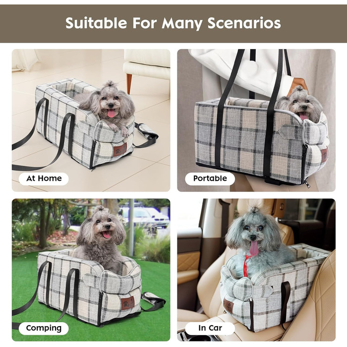 Автокрісло для собак та котів, середньої консолі, стабільне, з ременем, знімний, миючий, для собак та котів середніх порід до 6 кг (у клітинку)