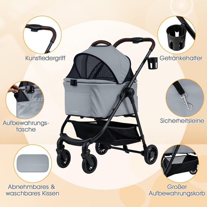 Візок для собак COSTWAY 3 в 1: візок-будка, візок для тварин з регульованим дахом, кошиком та тримачем для напоїв, для собак та котів до 15 кг, металевий (сірий)