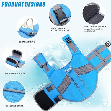 Рятувальний жилет для собак Oslueidy, висока плавучість, відбиваючий елемент, блакитний, розмір M