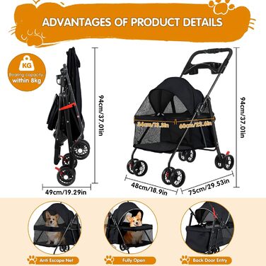 Візок для тварин для маленьких собак і котів, складаний, 4 колеса, легкий, з дихаючим мережем та тримачем для напоїв, чорний