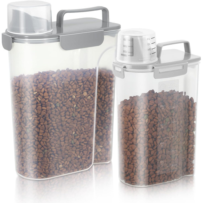 Контейнер для корму для собак, пластиковий, BPA-free, 3,6–5,4 кг, з великою кришкою, 4 герметичні замки, мірна чаша, ручка, легке очищення, 2 шт., білий