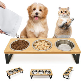 Підвищена годівниця для котів з 3 мисками з нержавіючої сталі, 15° нахил, набір мисок для котів, годівниця для котів та невеликих собак