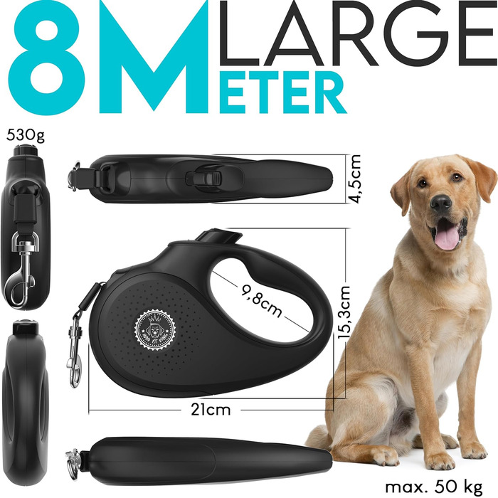 Витяжна повід для собак HUND IST KÖNIG 8м, до 50кг, чорний | Міцний поводок для малих та великих собак | Зручний ручка