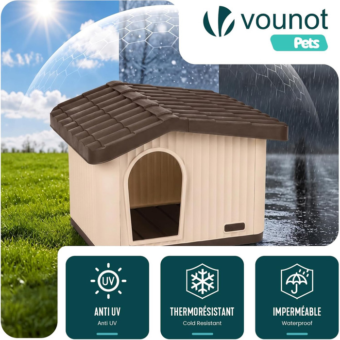 Будник для котів та собак VOUNOT всесезонний (Indoor/Outdoor), водонепроникний будинок для домашніх тварин з вентиляцією та похилим дахом, бежевий, 75 x 63 x 51 см