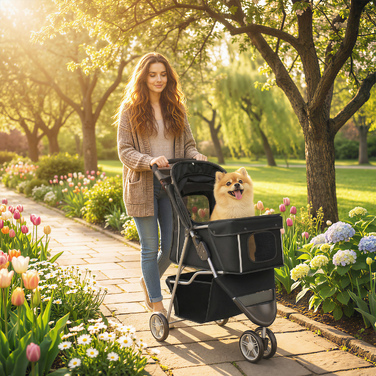 Складаний візок для собак (buggy) з кошиком, подушкою, сітчастим вікном та підстаканником для малих порід до 10 кг, чорний