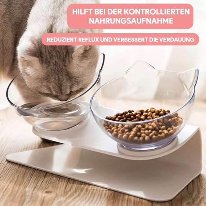 Миска для котів Katzenliebe PurrBowl з піднятою платформою та кутом нахилу 15° - запобігає блювоті. Прозора біла миска-подвійний набір з підставкою.