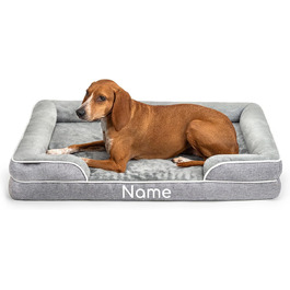 Ортопедичне ліжко для собак Lionto з піднятим бортиком, 89x63x17 см, міцне собаче ліжко з м'яким фланелевим наповнювачем, знімний та пральний чохол, нековзне, для малих та великих собак + котів, сіре (з нанесенням імені)