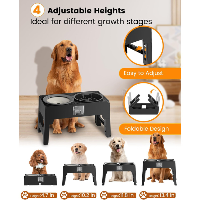 Підвищені годівниці для собак з нержавіючої сталі, без розбризкування, з підставкою, регульована висота, для маленьких, середніх та великих собак та котів