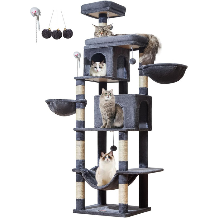 Котячий комплекс Taoqimiao MS044W сірий: 190 см, багатоярусний, з 2 будиночками, гамаками та 8 стовпчиками для дряпання