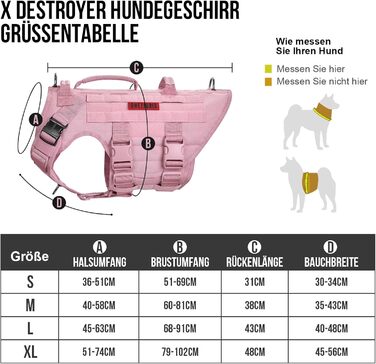 Тактична шлея для собак OneTigris X Destroyer, регульована, проти ривків, з 3 ручками, 2 металевими пряжками, захисна, розмір S, рожева