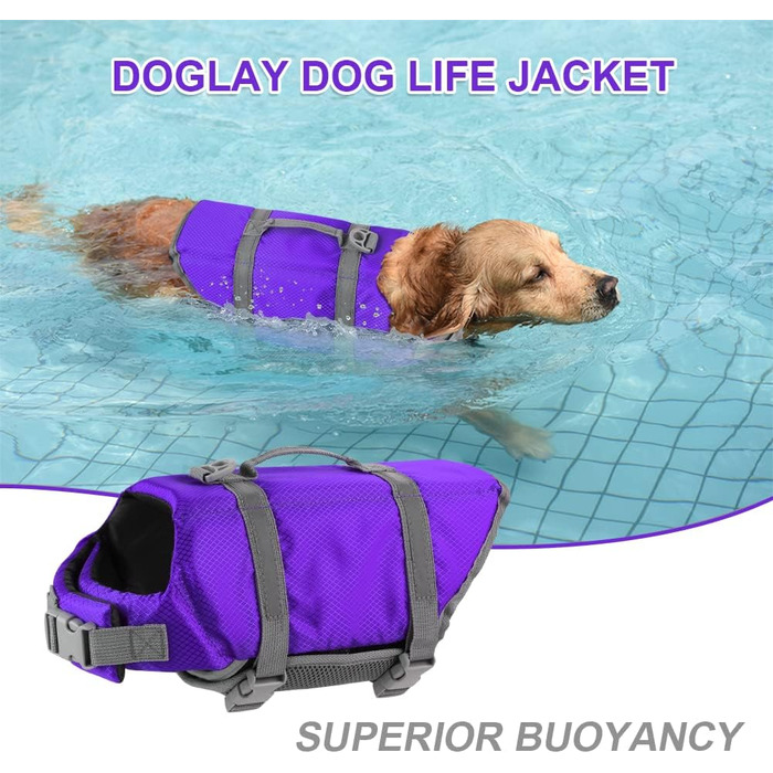 Жилет для плавання собак Doglay, світловідбиваючий, регульований, для малих, середніх та великих собак (M, фіолетовий)
