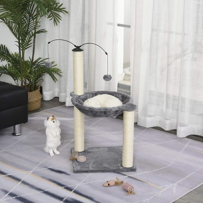 Дерево для котів PawHut з гамаком, когтеточкою та іграшкою, сірого кольору, 40x40x72 см