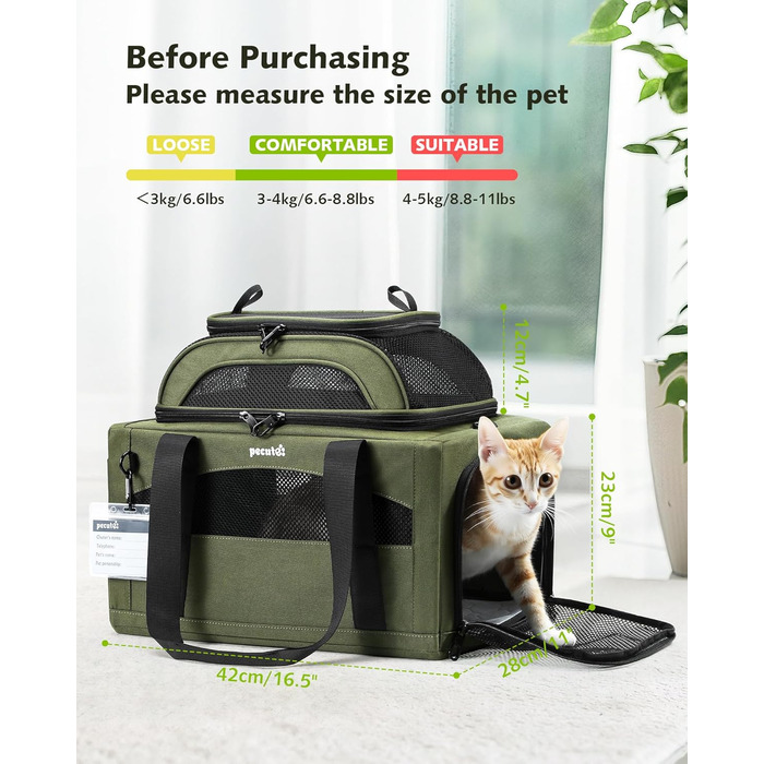 Транспортна сумка для котів Pecute: легка, складана, для подорожей, зелена