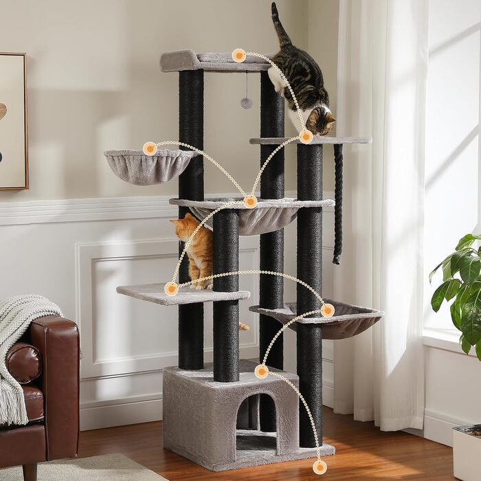 Когтеточка для великих котів PAWZ Road XXL 169 см, стабільна, з гамаками, 13 стовпцями з сизалю, великою лежанкою, будиночком, кошиками, чорна, вироблено в ЄС