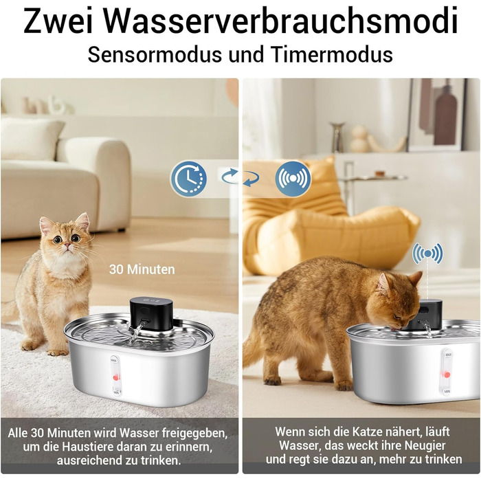 Фонтанчик для котів Dreamhigh® 3.5L: бездротовий, з датчиком руху, з нержавіючої сталі, 2 режими подачі води, для котів та маленьких собак