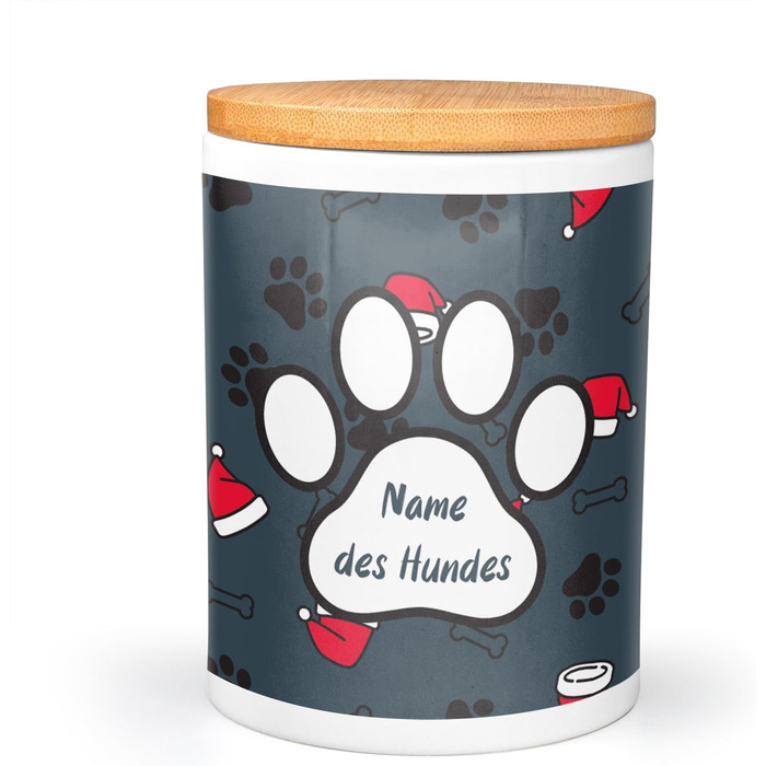 PICANOVA Набір миски та контейнера для ласощів для собак з іменем - Персоналізований набір у різдвяному дизайні. Керамічний набір миски та контейнера для ласощів як подарунок для власників домашніх тварин. Дизайн Candy Bones (набір Санта-шапок)