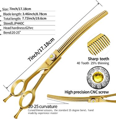 Професійна вигнута ножиця для грумінгу собак, гострі леза, універсальна ножиця, ножиці для догляду за собаками, японська сталь 440C, плавне різання та точний зріз, золотиста, 17,8 см