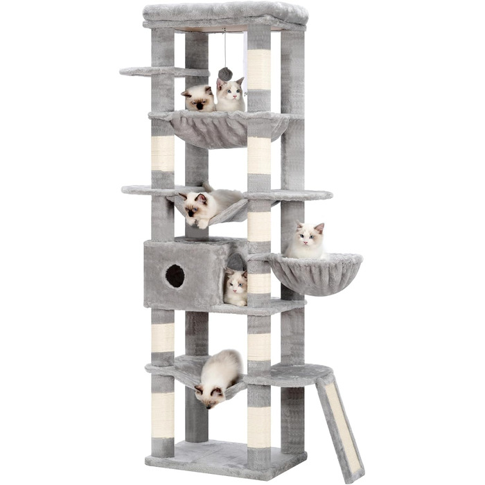 Багатоярусний котячий будиночок Hey-brother Kratzbaum, 175 см, сірий. З платформами, гамаком, печерами, котячими будиночками, дряпалкою та іграшкою. Модель EMPJ037W