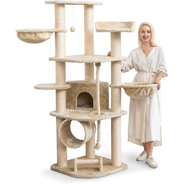 Велика кремова когтеточка для котів HAPPYPET 181 см – стійке дерево з товстими стовпами 11 см, будиночком, ігровим тунелем, великими лежанками та канатом