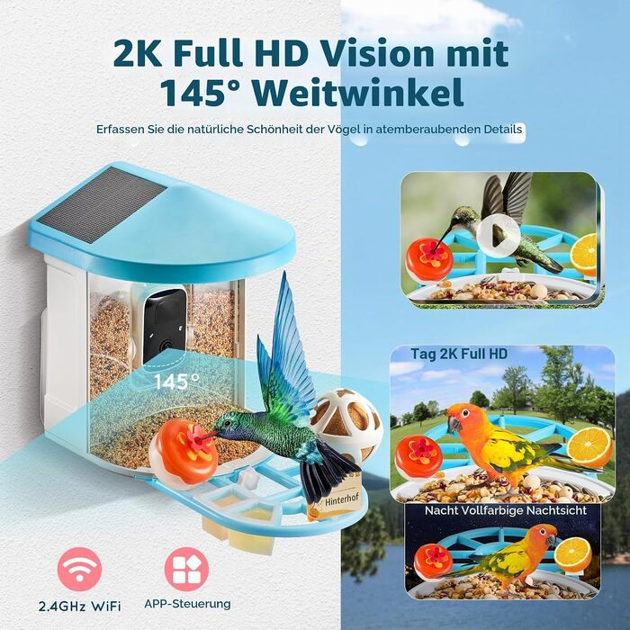 Годівниця для птахів VEVOR з камерою 2K HD, ШІ-розпізнаванням понад 10 000 видів птахів, сонячною панеллю, автоматичним записом та сповіщеннями (синя)