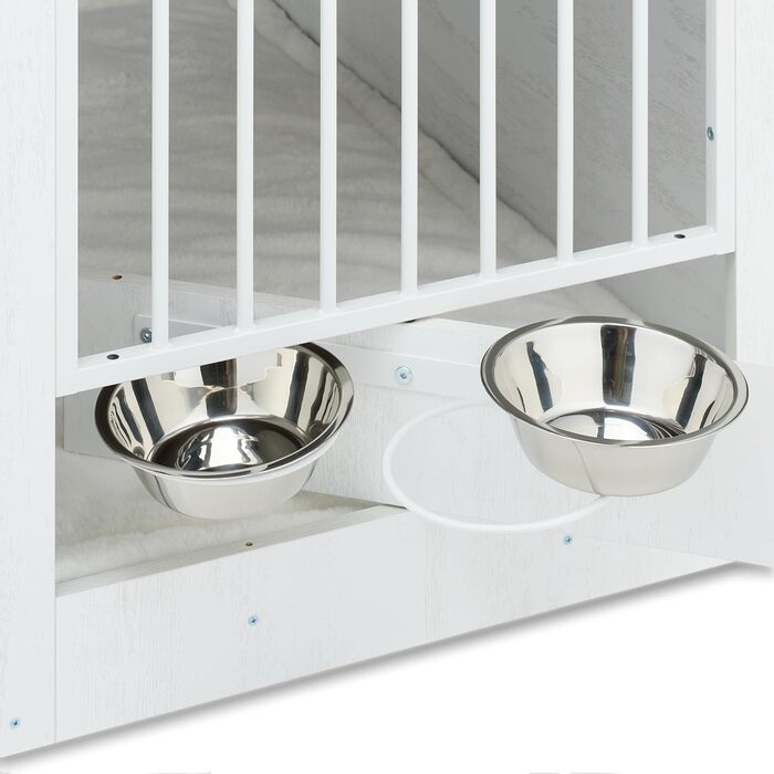 Клітка для собак Relaxdays, для дому, HBT: 65,5x102x60 см, 2 обертові миски, собача будка з виглядом дерева, МДФ & сталь, (білий/коричневий)