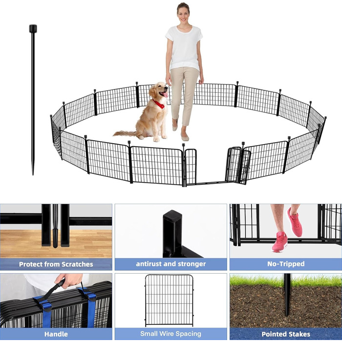 Захисний забір для саду ADAVIN з воротами, 61 см (В) × 3 м (Д), 4 панелі, чорний, міцний, металевий забір для тварин, вольєр для собак (внутрішній/зовнішній), кемпінговий забір, без копання, для обмеження саду