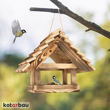 KOTARBAU® дерев'яна годівниця для птахів з обпаленого дерева, підвісна, з 0,5 кг корму у подарунок