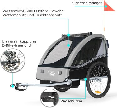 Дитячий причіп Tiggo VS 2 в 1: велосипедний причіп та коляска-візок, сірий