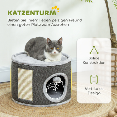 Бочка для дряпання PawHut, висота 30 см Бочка для кішок з печерою, кігтеточка, котяча вежа з сизалю, для котів до 5 кг, темно-сіра | Аосом