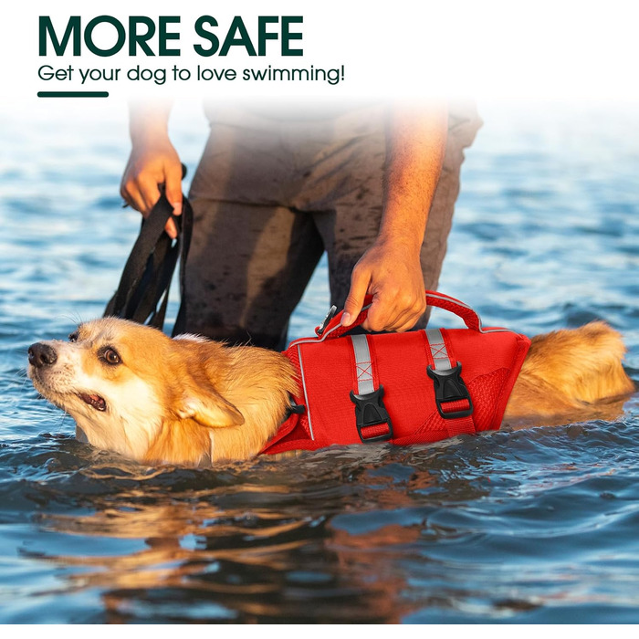 Жилет рятувальний для собак великих порід Kuoser, червоний XL. Рятувальний жилет з ручкою та світловідбиваючими елементами, регульований, покращений плавучість
