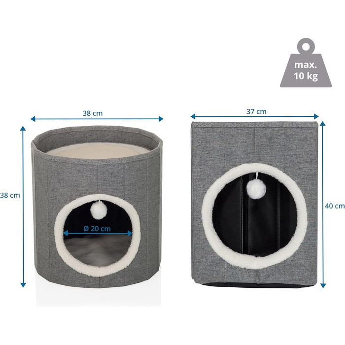 Квітковий будиночок для котів PAWY з подушкою, складне ліжко для котів з тканини букле, знімний верх, 40x40x44 см (Круг / 38 x 38 x 38 см, Сірий)