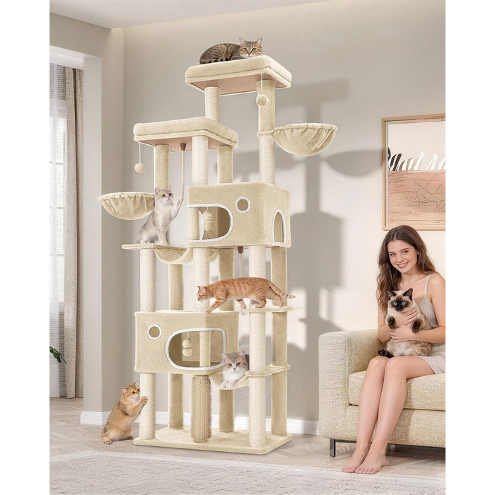Комплекс для котів Hzuaneri Kratzbaum XXL 213 см: Дряпка-стовпчик, 2 платформи, 2 печери, 2 гамаки, кошик, щітка, помпони, для мейн-кунів, бежевий MS21418YL