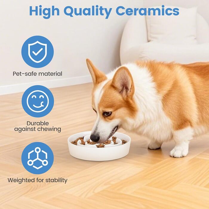 Антислизька годівниця для собак, Slow Feeder, кераміка, Ø 20.5 см, для середніх та великих собак, миюча, безпечна для їжі (біла)